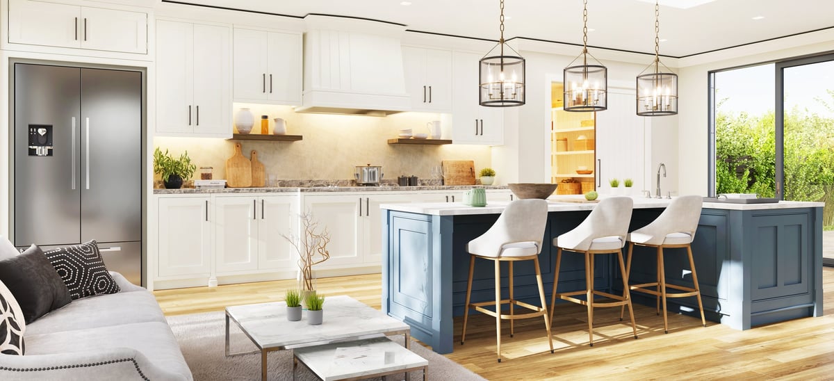 Installed kitchen with white shaker cabinets, granite countertops and a center island